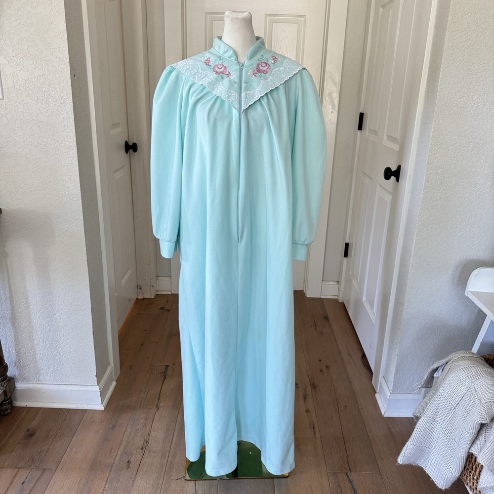Vtg 80s Saybury Womens Robe 1/2 Zip House Coat Sz M Floral Lace Aqua Granny Core